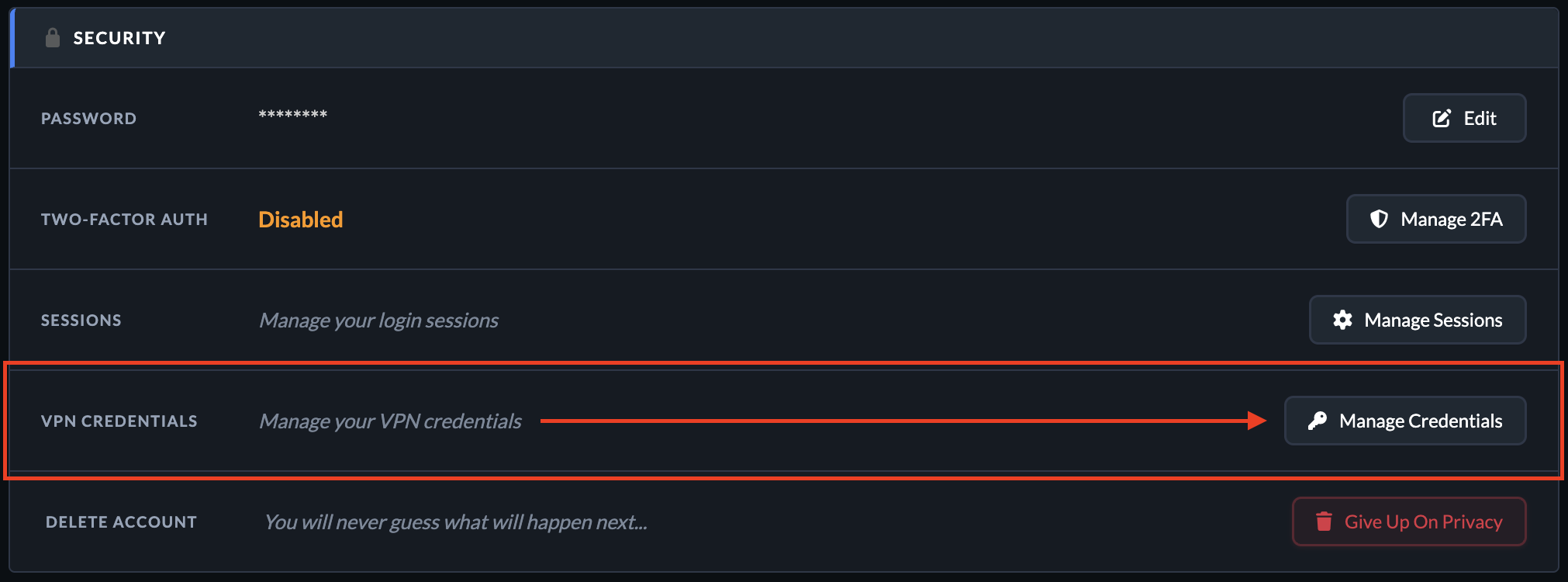 Manage Credentials button
