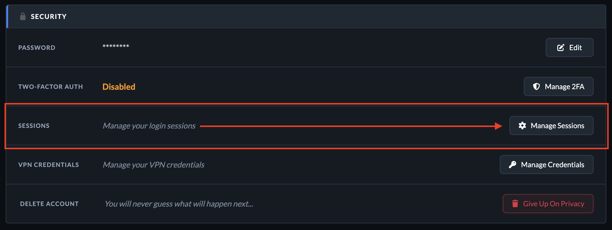 Manage Sessions button