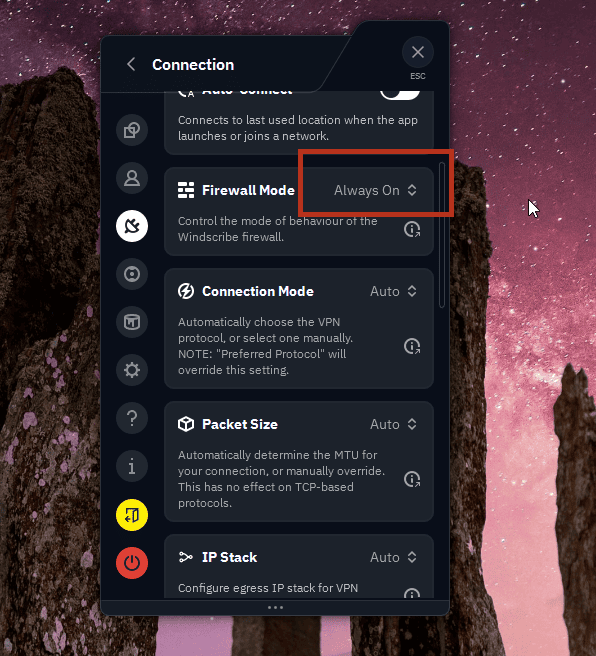 Windscribe Firewall Mode set to Always On