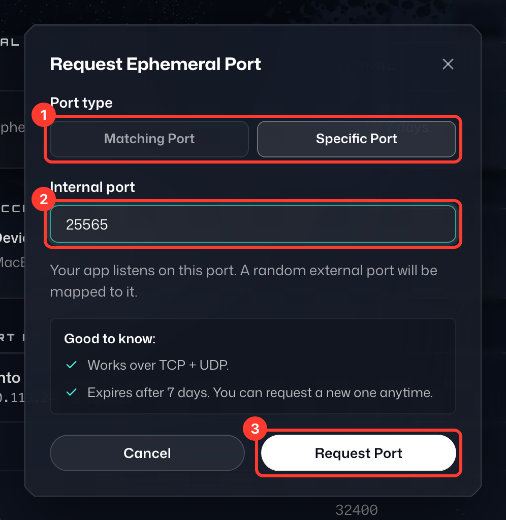 Das Fenster Temporären Port anfordern, mit hervorgehobenen Elementen Porttyp (1), Interner Port (2) und Port anfordern (3)