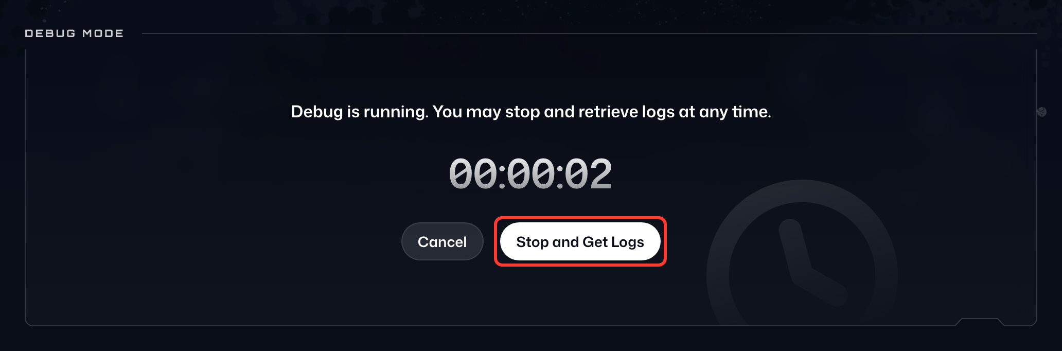 A running debug session with the Stop and Get Logs button