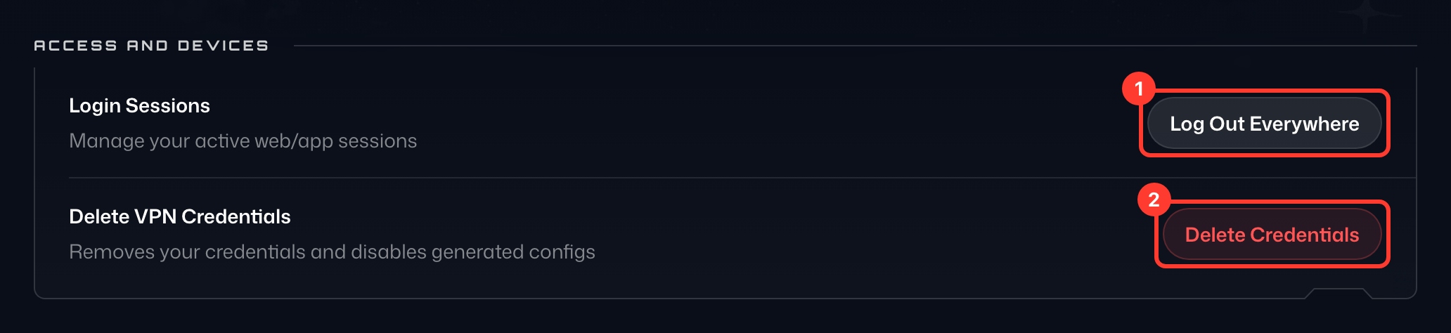 Log Out Everywhere and Delete Credentials in the Access and Devices card