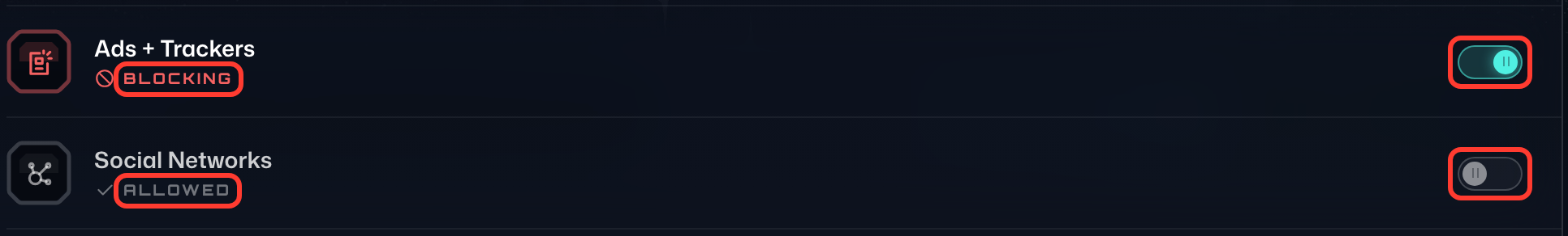 Die Liste Werbung + Tracker eingeschaltet mit dem Status Blockiert, darunter Soziale Netzwerke ausgeschaltet mit dem Status Erlaubt