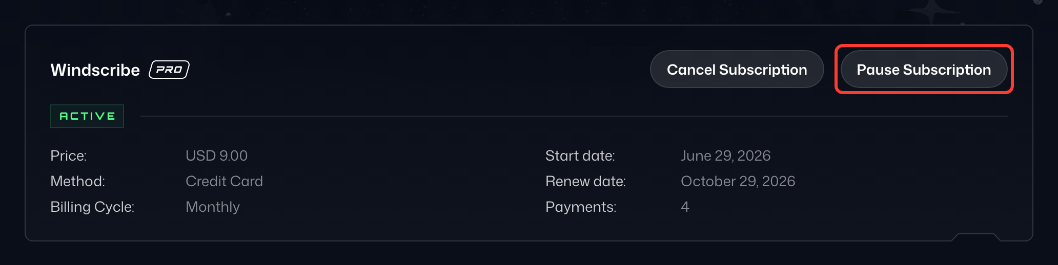 Pause Subscription button