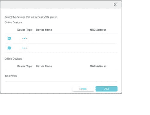 Cuadro de selección de dispositivos de TP-Link para elegir cuáles usarán el servidor VPN